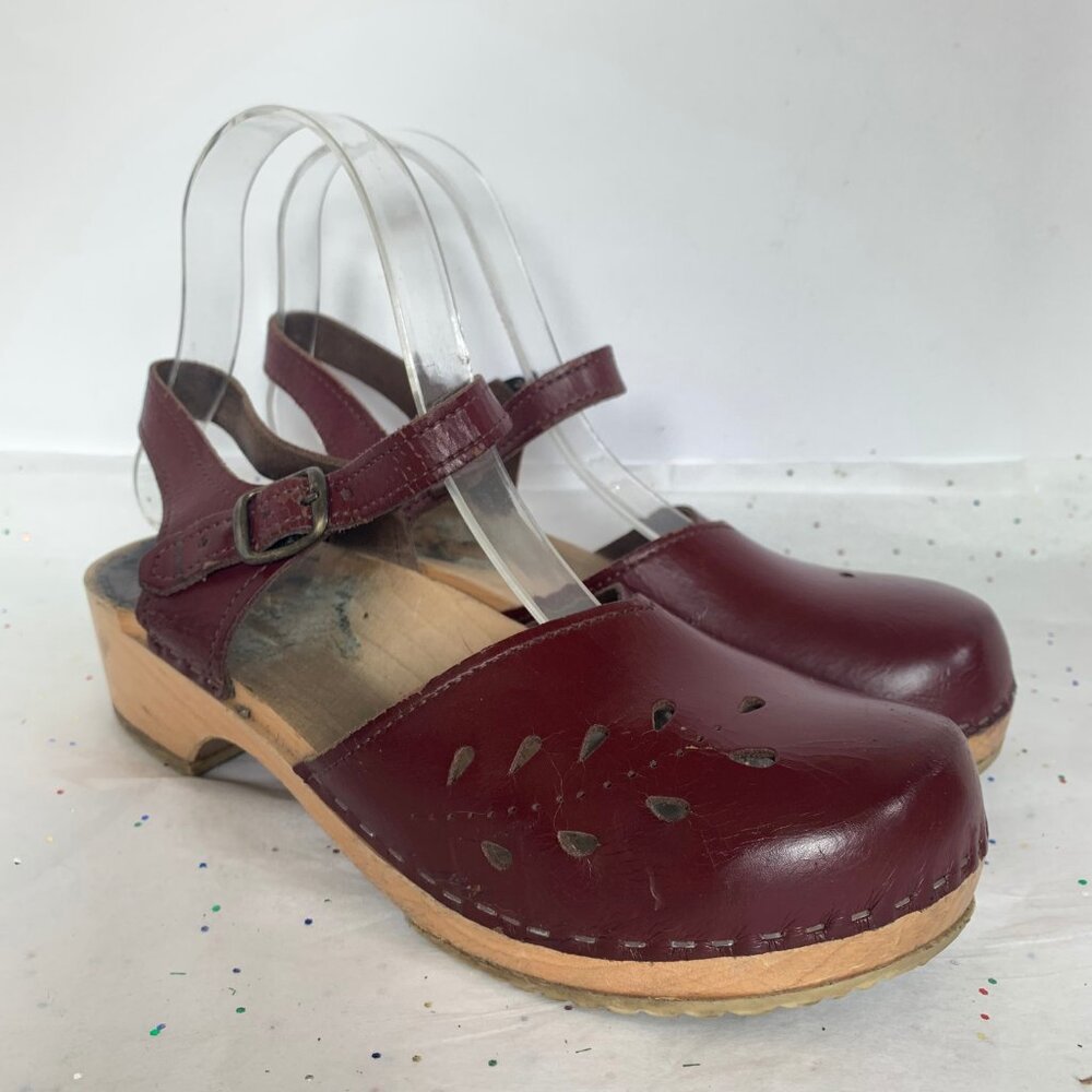 Vollsjo Wine Burgundy Leather Wood Swedish Clogs Mary Jane Ankle Strap - Size 38